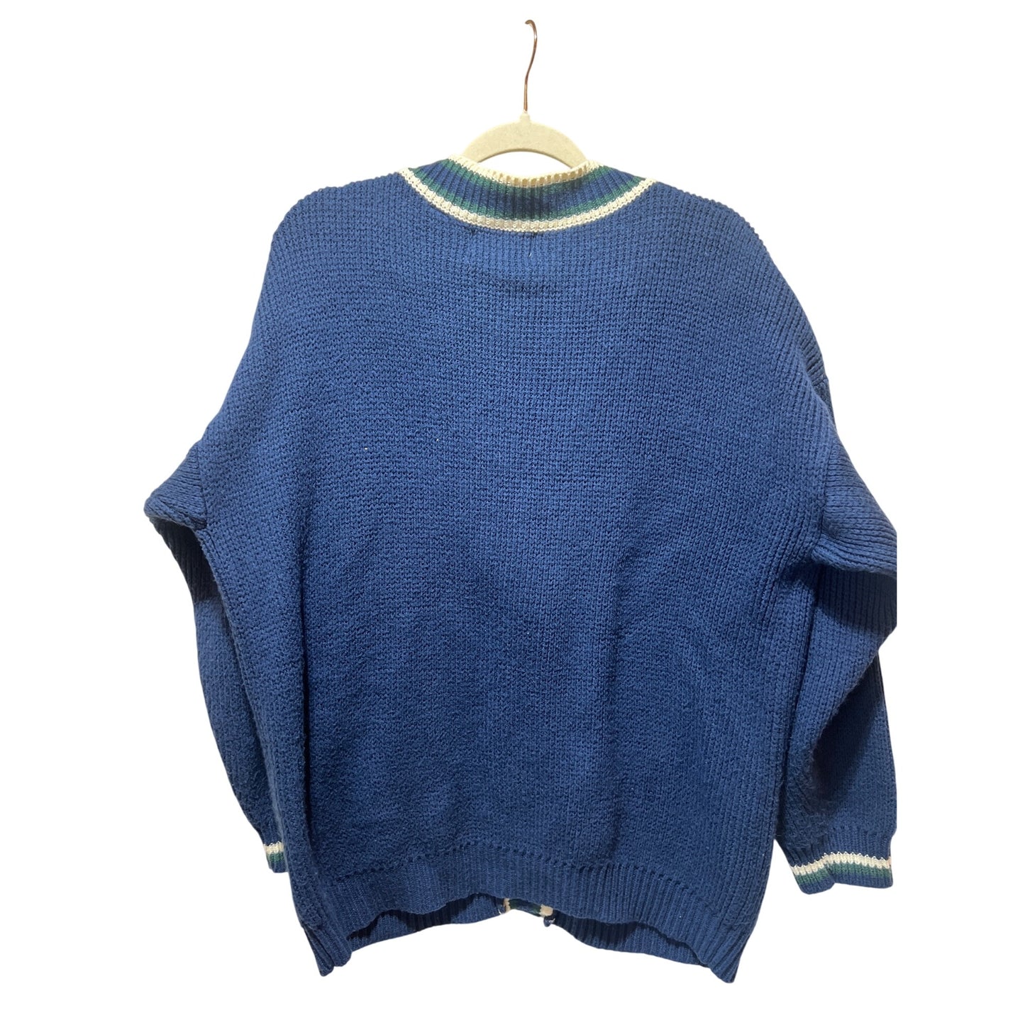 Vintage Forelli Varsity Style Cardigan Sweater With Embroidered Crest Patch Blue Green White Striped Trim Acrylic