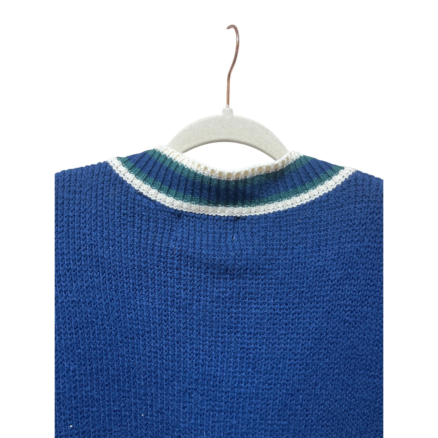 Vintage Forelli Varsity Style Cardigan Sweater With Embroidered Crest Patch Blue Green White Striped Trim Acrylic