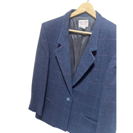 Bretton Place Vintage 80s Pure Wool Blazer Size 12 Navy Blue Plaid With Button Closure And Pockets