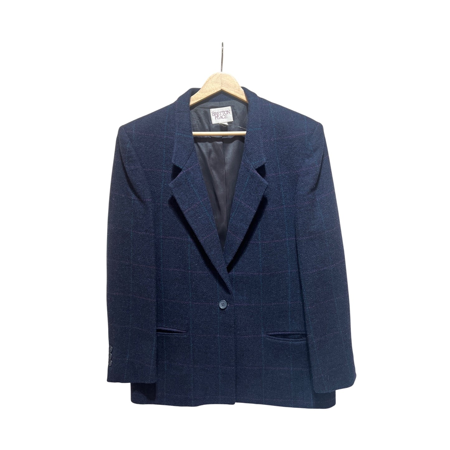 Bretton Place Vintage 80s Pure Wool Blazer Size 12 Navy Blue Plaid With Button Closure And Pockets