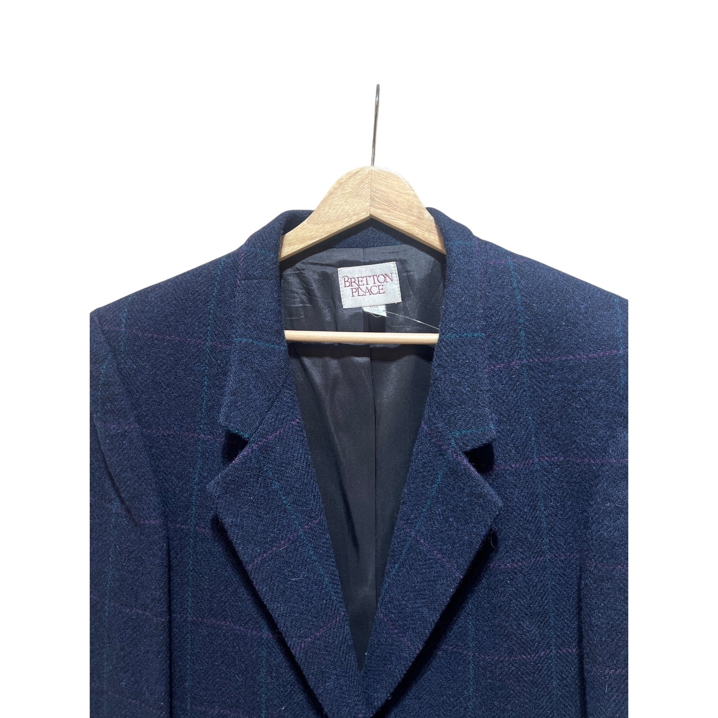 Bretton Place Vintage 80s Pure Wool Blazer Size 12 Navy Blue Plaid With Button Closure And Pockets