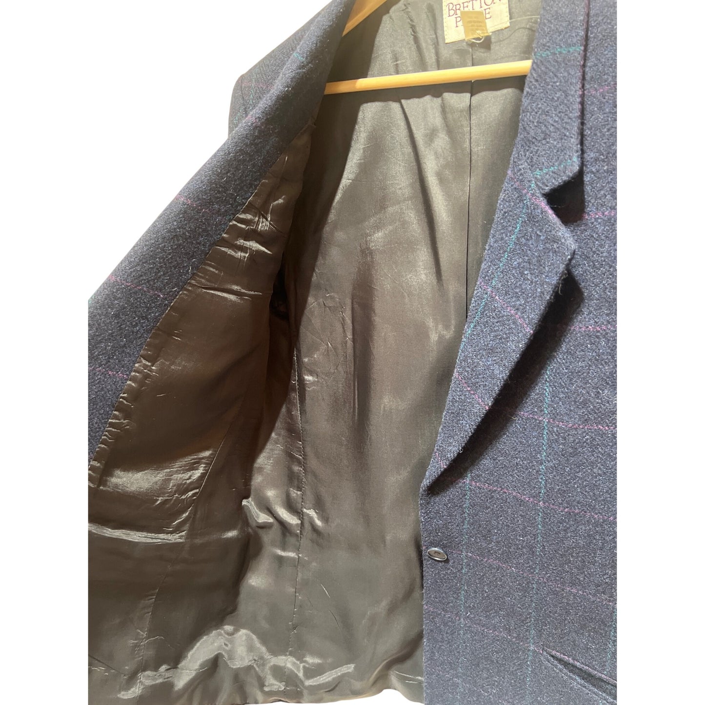 Bretton Place Vintage 80s Pure Wool Blazer Size 12 Navy Blue Plaid With Button Closure And Pockets