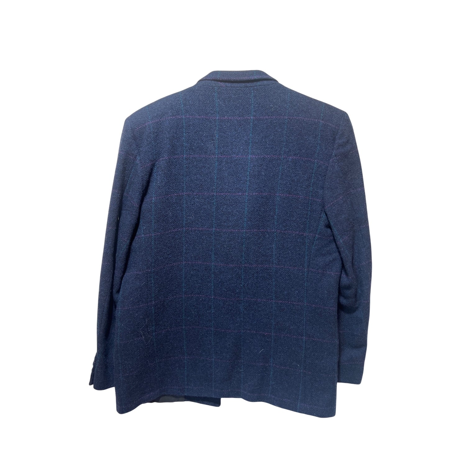 Bretton Place Vintage 80s Pure Wool Blazer Size 12 Navy Blue Plaid With Button Closure And Pockets