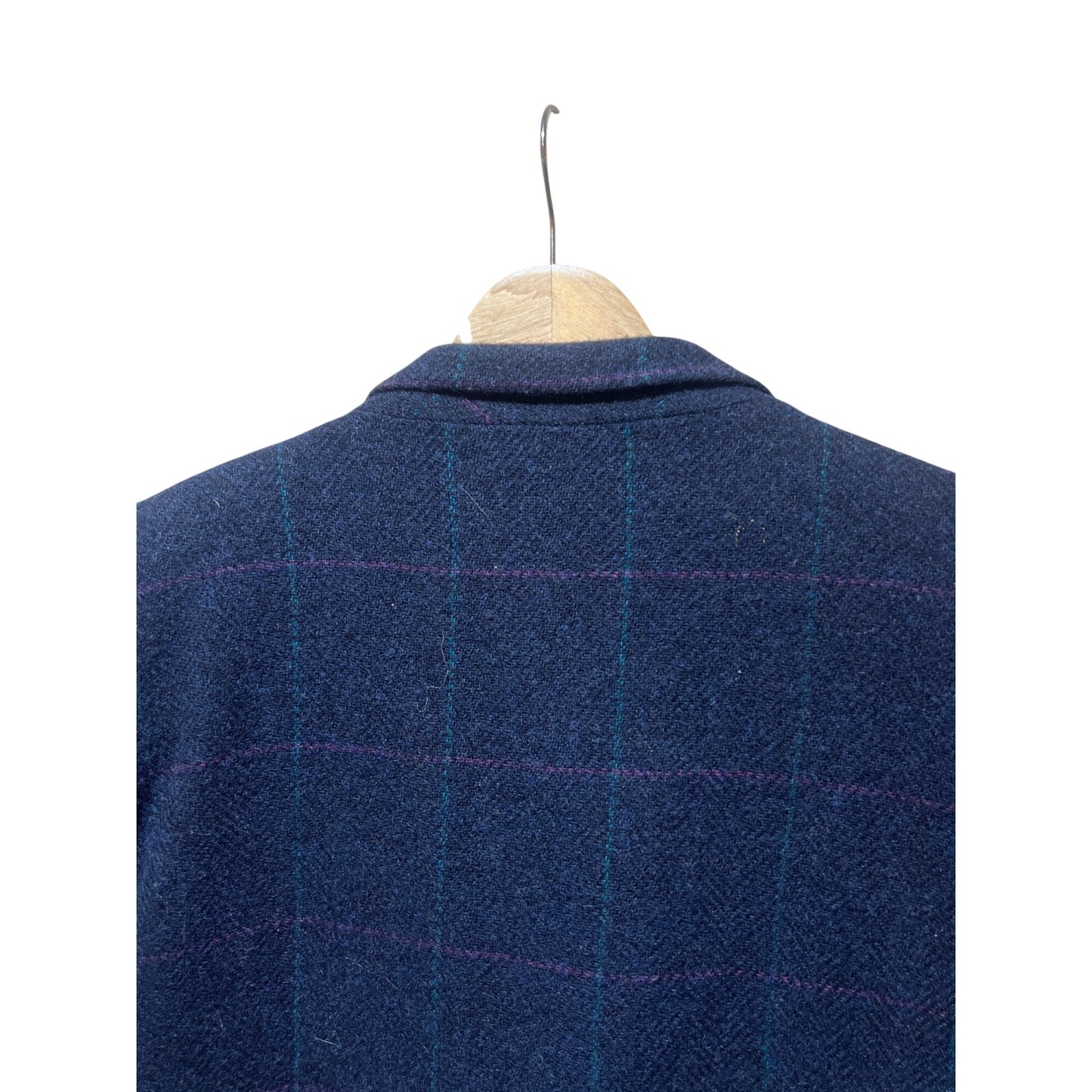 Bretton Place Vintage 80s Pure Wool Blazer Size 12 Navy Blue Plaid With Button Closure And Pockets