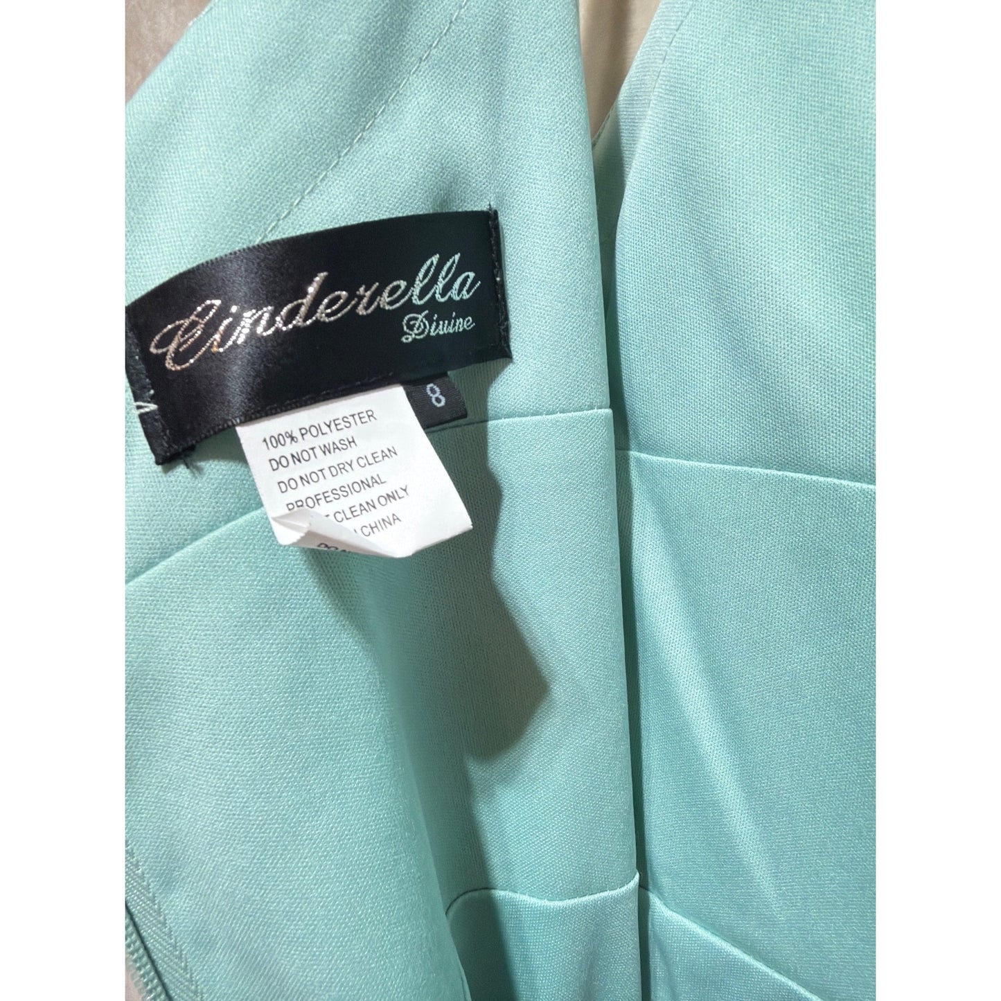 Cinderella Divine NWT Seafoam Blue Spaghetti Strap Formal Gown With Slit Size 8
