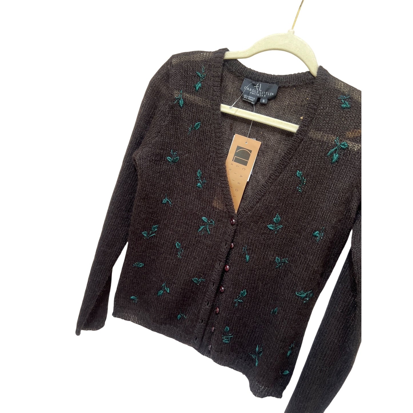 Carole Little Mohair Blend Cardigan S Brown Embroidered Button-Up Vintage 90s Knitwear