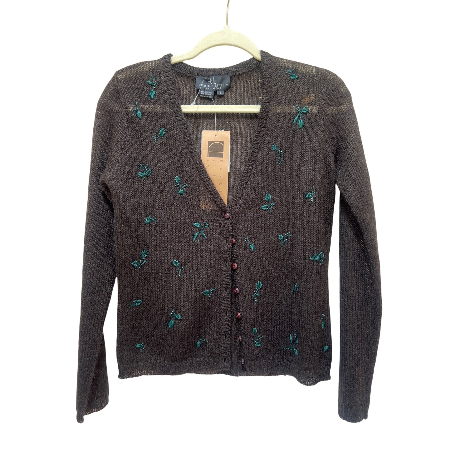 Carole Little Mohair Blend Cardigan S Brown Embroidered Button-Up Vintage 90s Knitwear