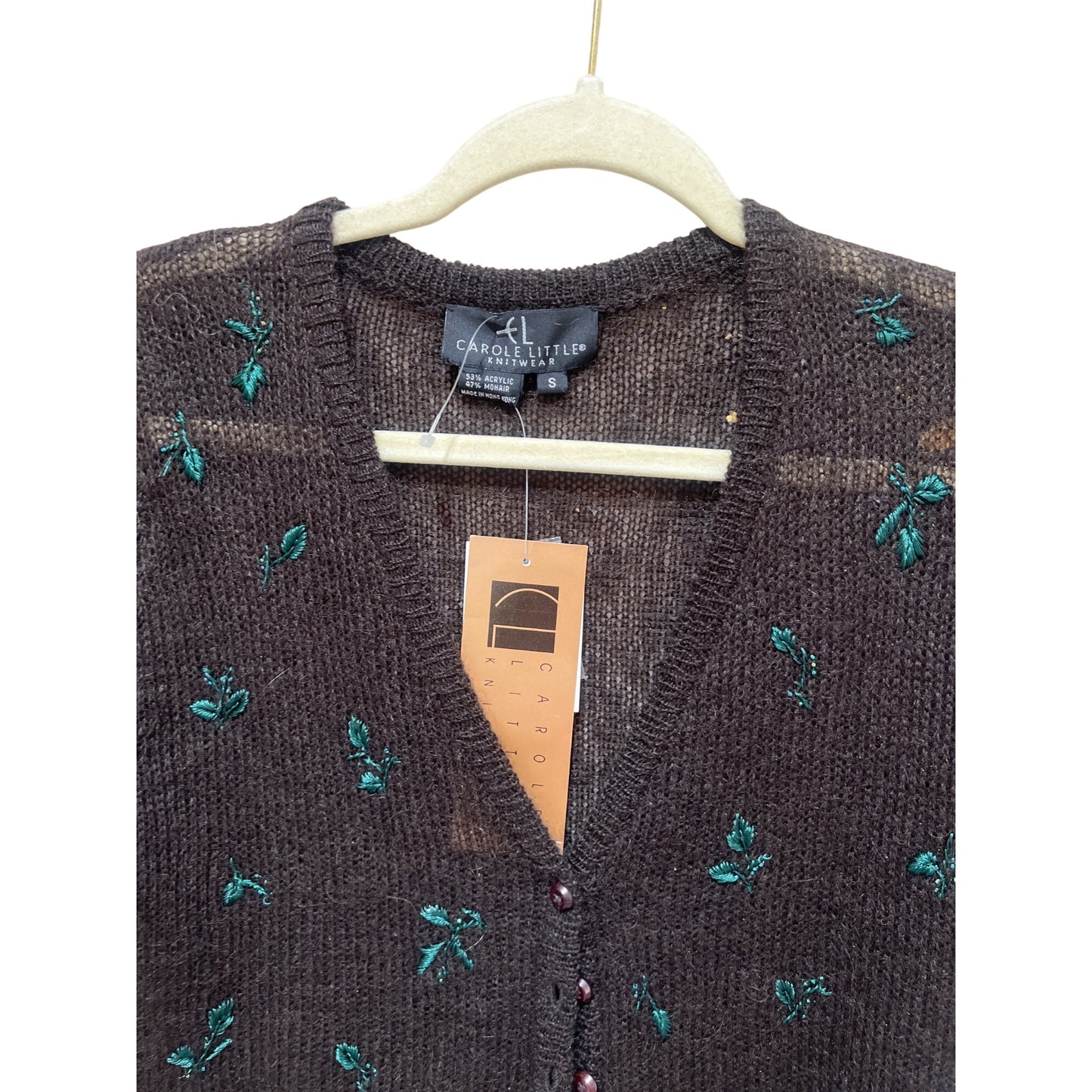 Carole Little Mohair Blend Cardigan S Brown Embroidered Button-Up Vintage 90s Knitwear