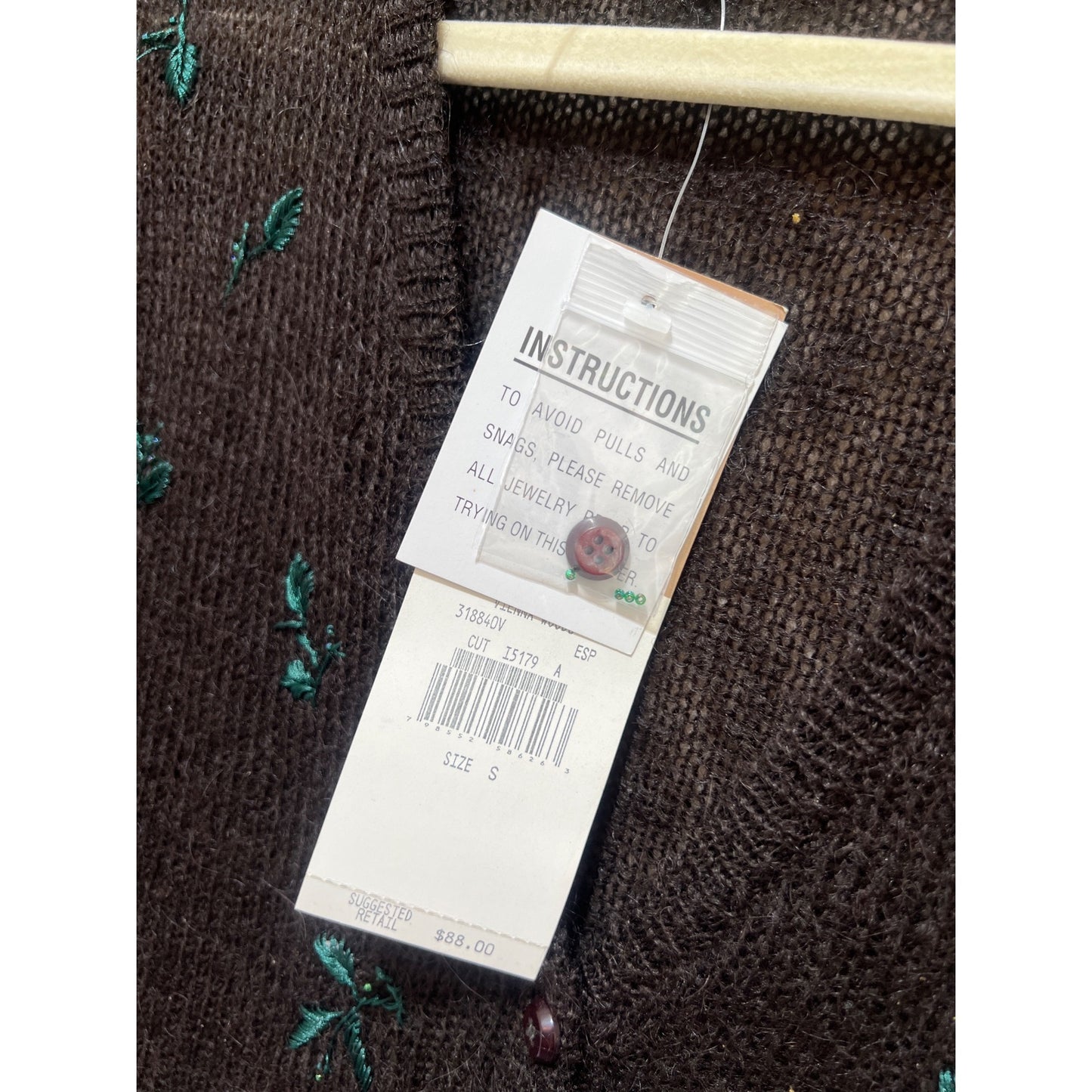 Carole Little Mohair Blend Cardigan S Brown Embroidered Button-Up Vintage 90s Knitwear