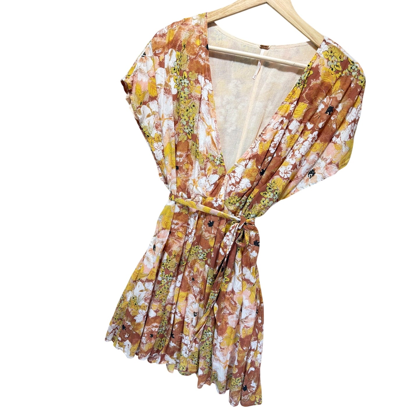 Free People Yellow Cocoa Floral Freddy Tie Mini Dress Boho Chic Womens Medium