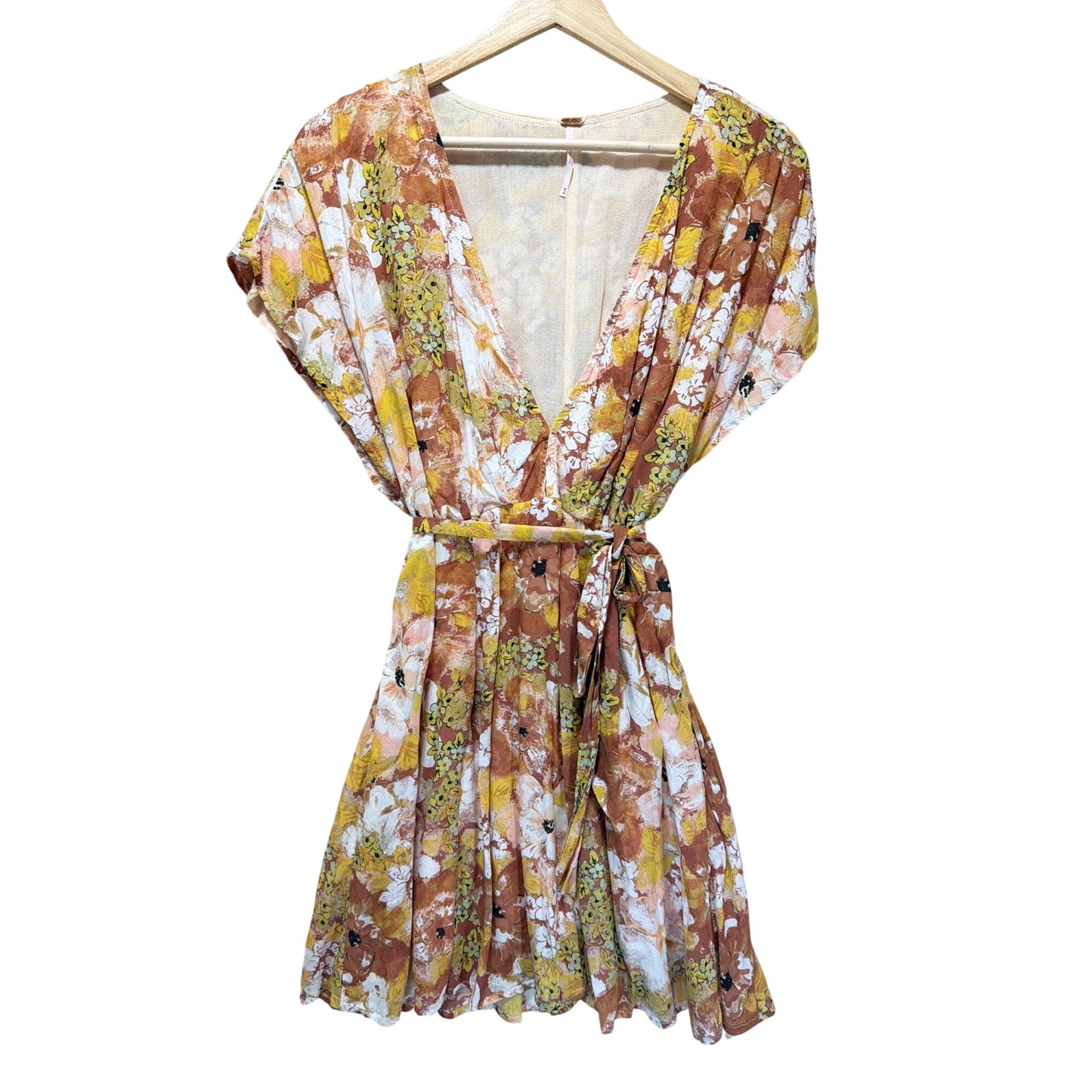 Free People Yellow Cocoa Floral Freddy Tie Mini Dress Boho Chic Womens Medium