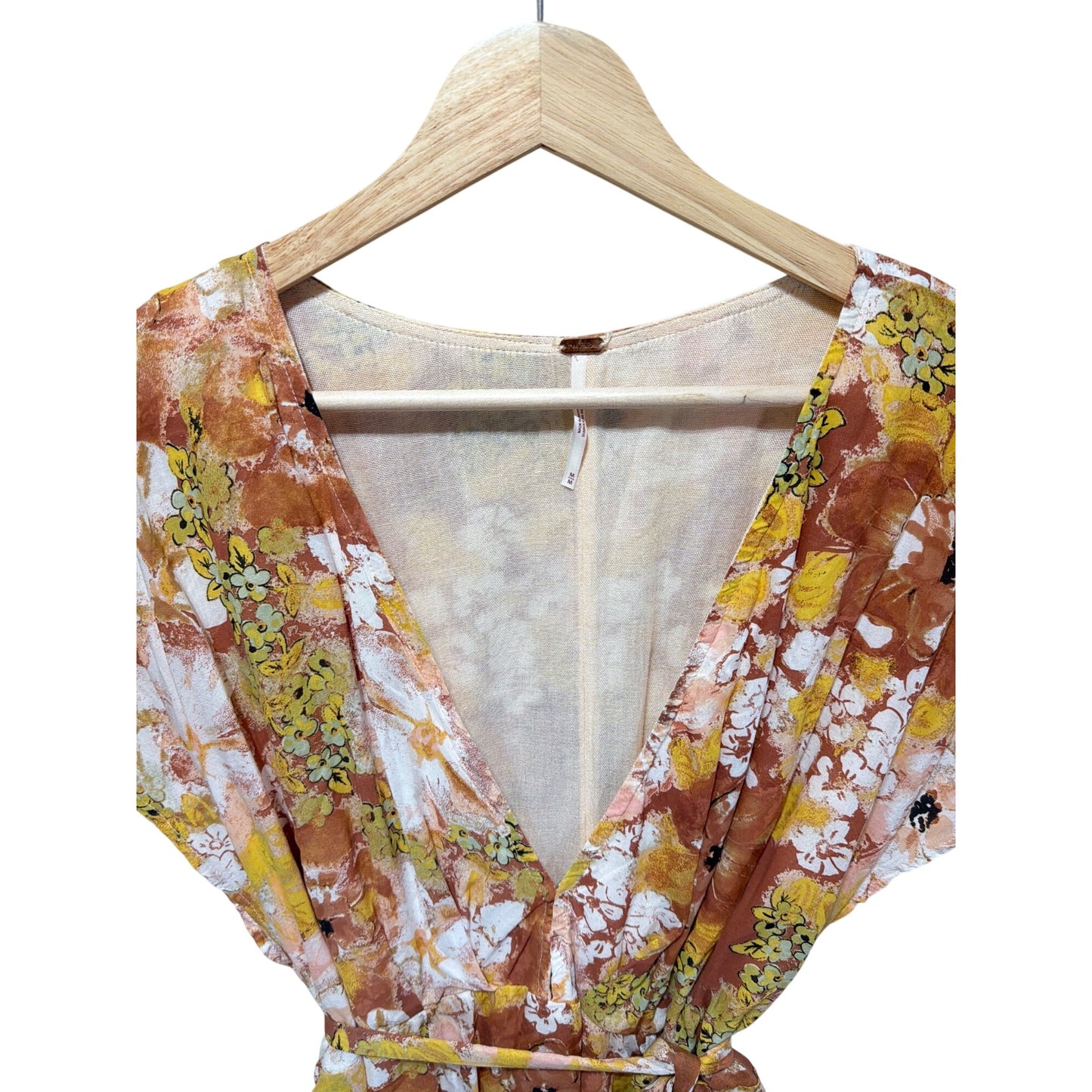 Free People Yellow Cocoa Floral Freddy Tie Mini Dress Boho Chic Womens Medium