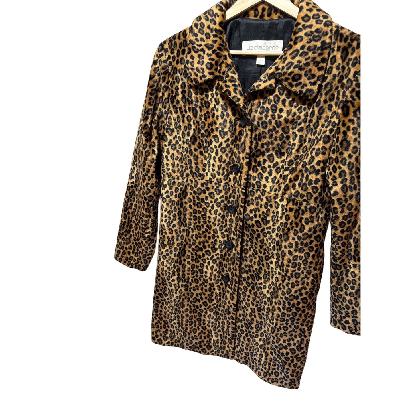 Liz Claiborne Vintage 90's Y2K Leopard Print Button-Up Coat Medium Faux Fur