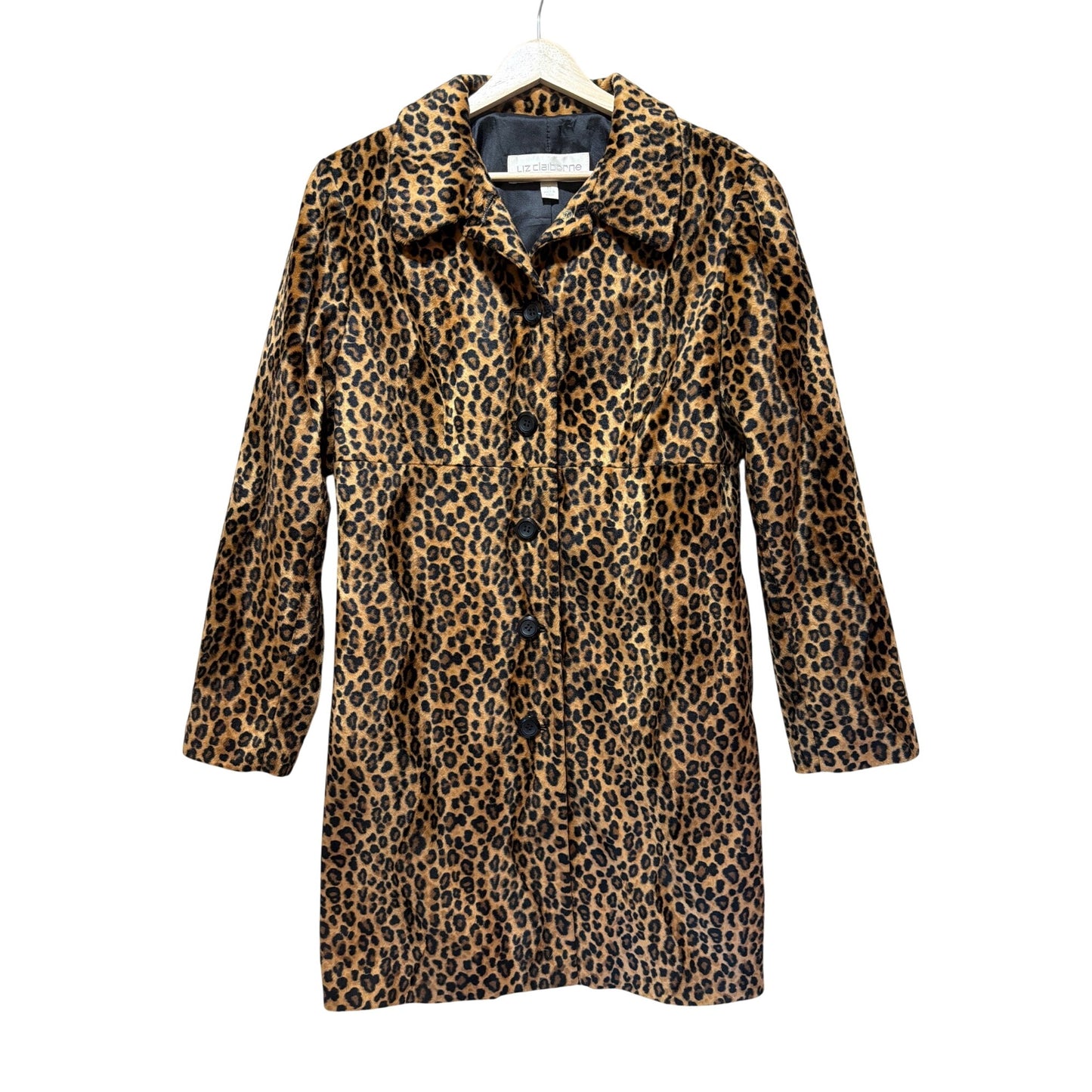 Liz Claiborne Vintage 90's Y2K Leopard Print Button-Up Coat Medium Faux Fur