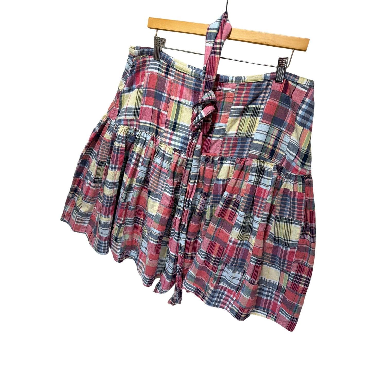 American Living Y2K Madras Plaid Patchwork Ruffled A-Line Mini Skirt with Belt