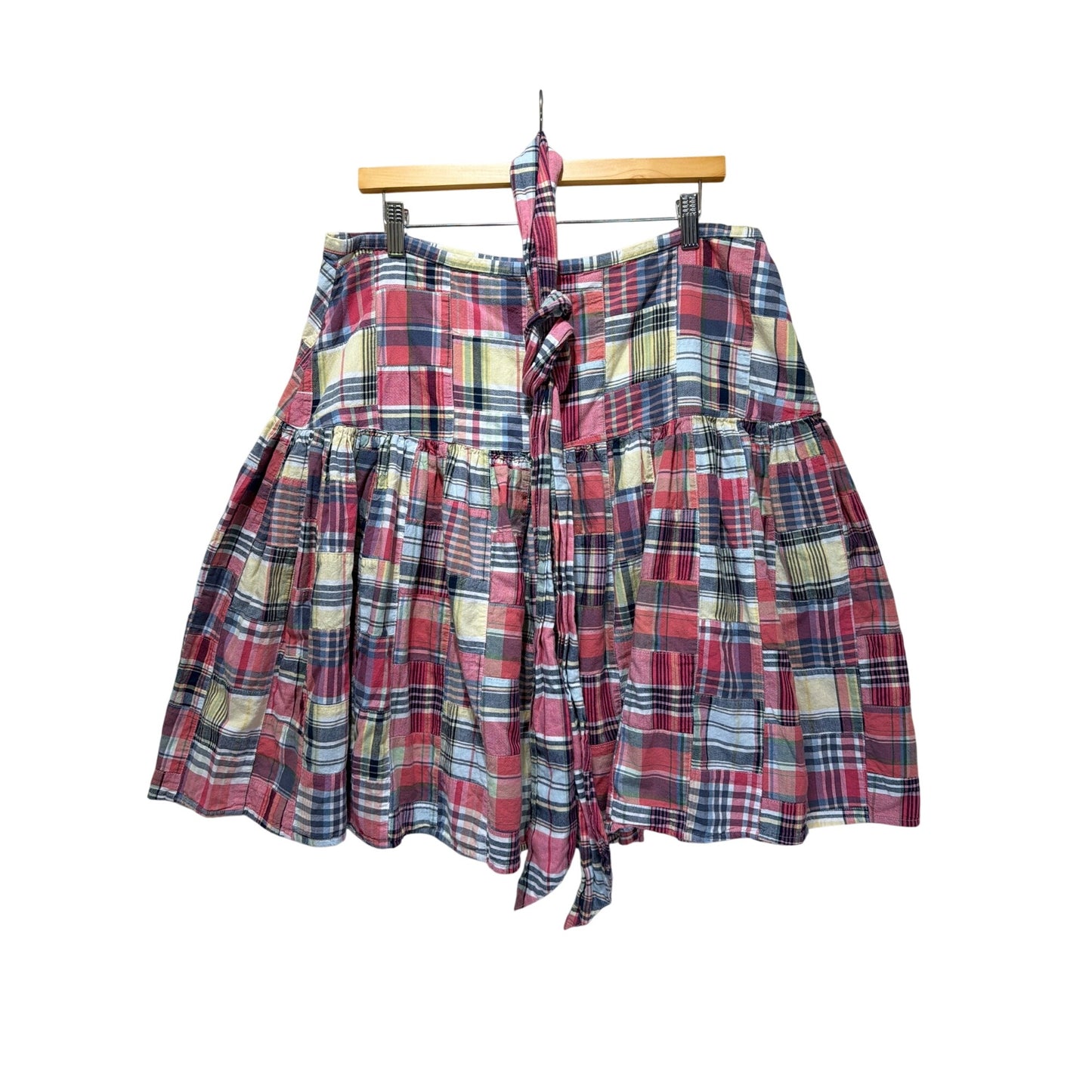 American Living Y2K Madras Plaid Patchwork Ruffled A-Line Mini Skirt with Belt