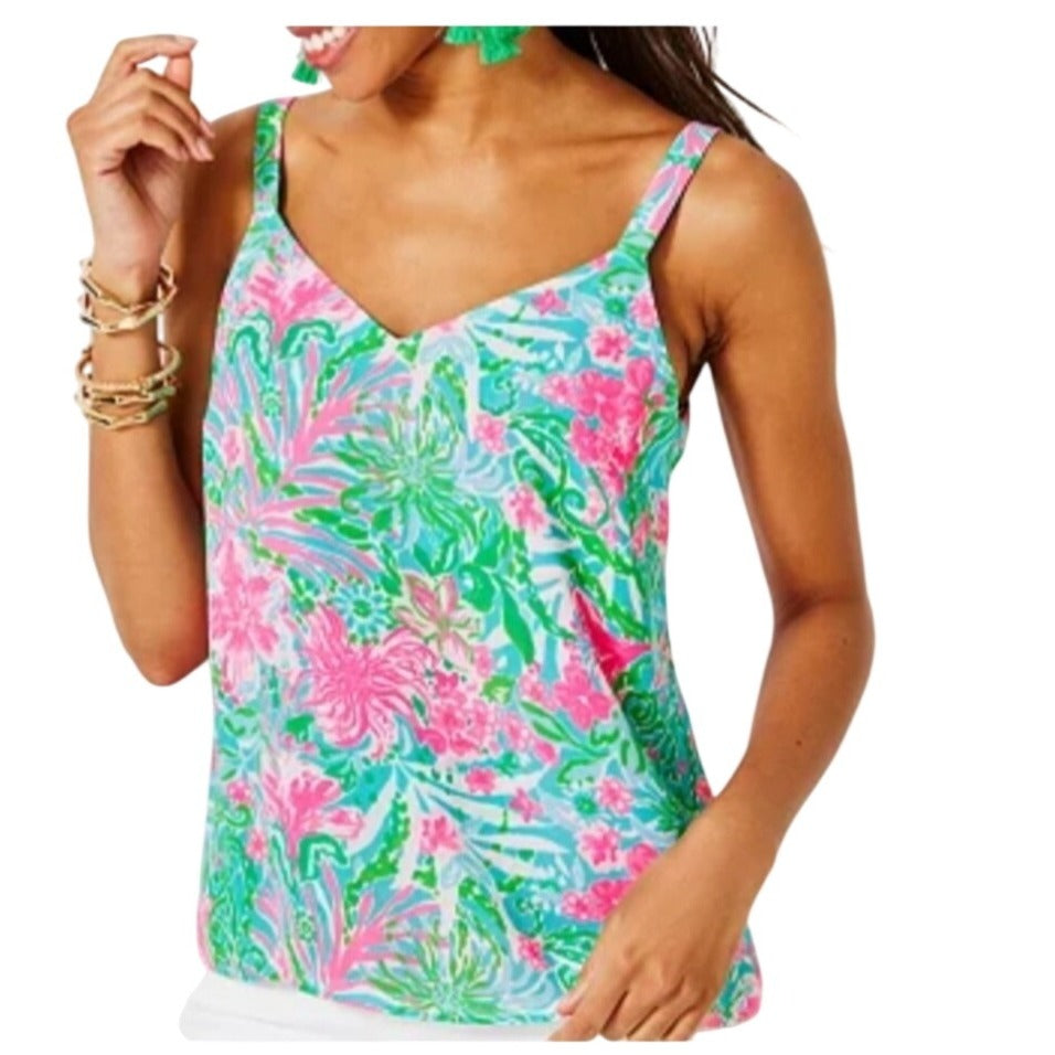 Lilly Pulitzer Nadia Cami Leaf It Wild Pink & Green Floral Print Adjustable Straps Womens M