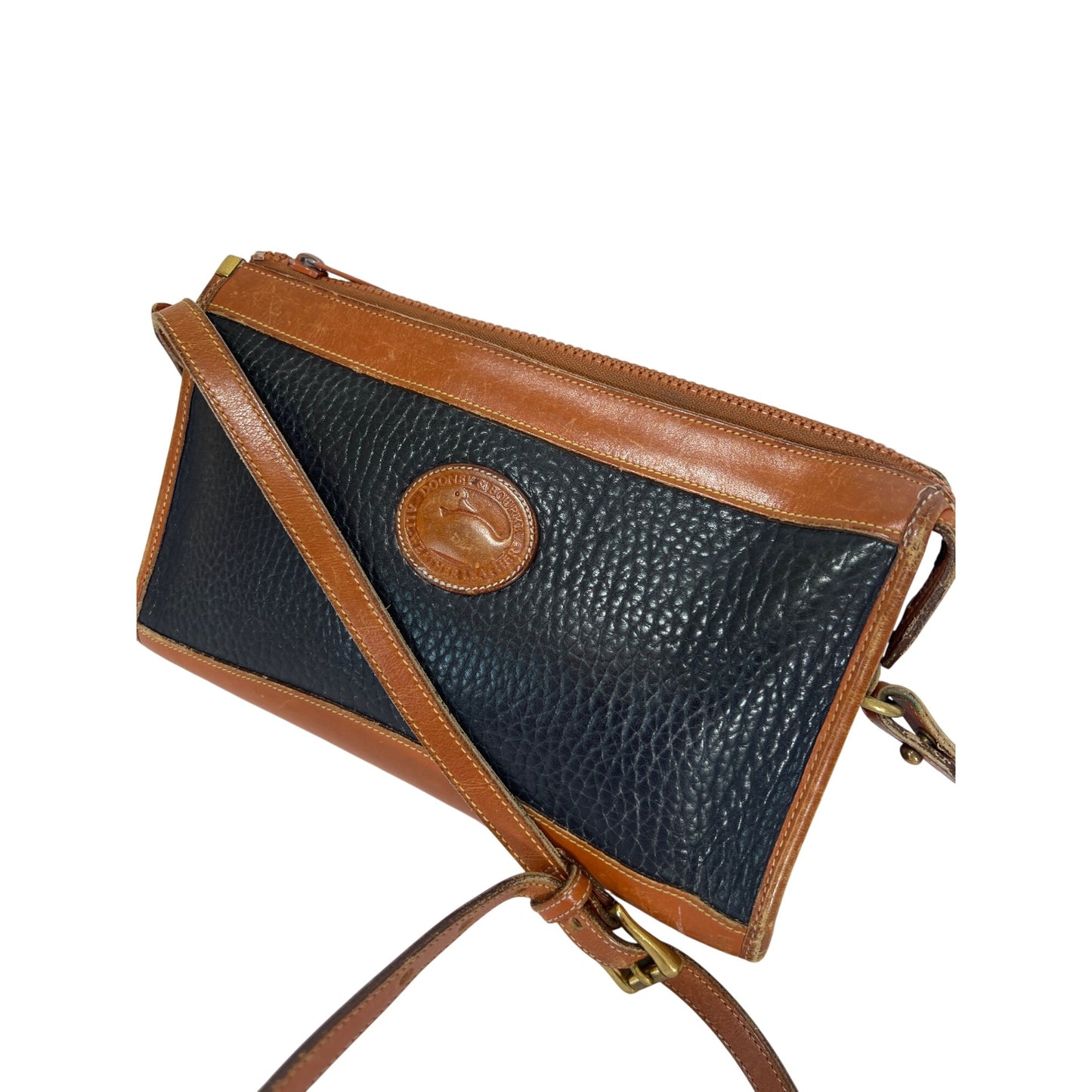 Dooney & Bourke Vintage Navy & Brown Pebble Leather Crossbody Bag With Adjustable Strap All-Weather Leather