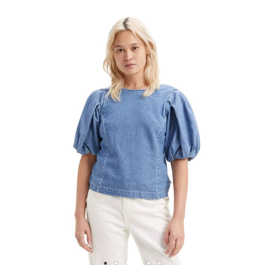 Levis Zaida Sculptural Blouse Denim Puff Sleeve Top Size L Light Blue 100% Cotton Zip Back Closure