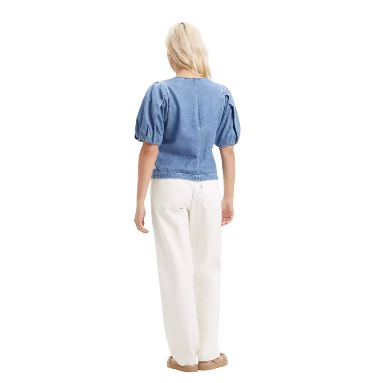 Levis Zaida Sculptural Blouse Denim Puff Sleeve Top Size L Light Blue 100% Cotton Zip Back Closure