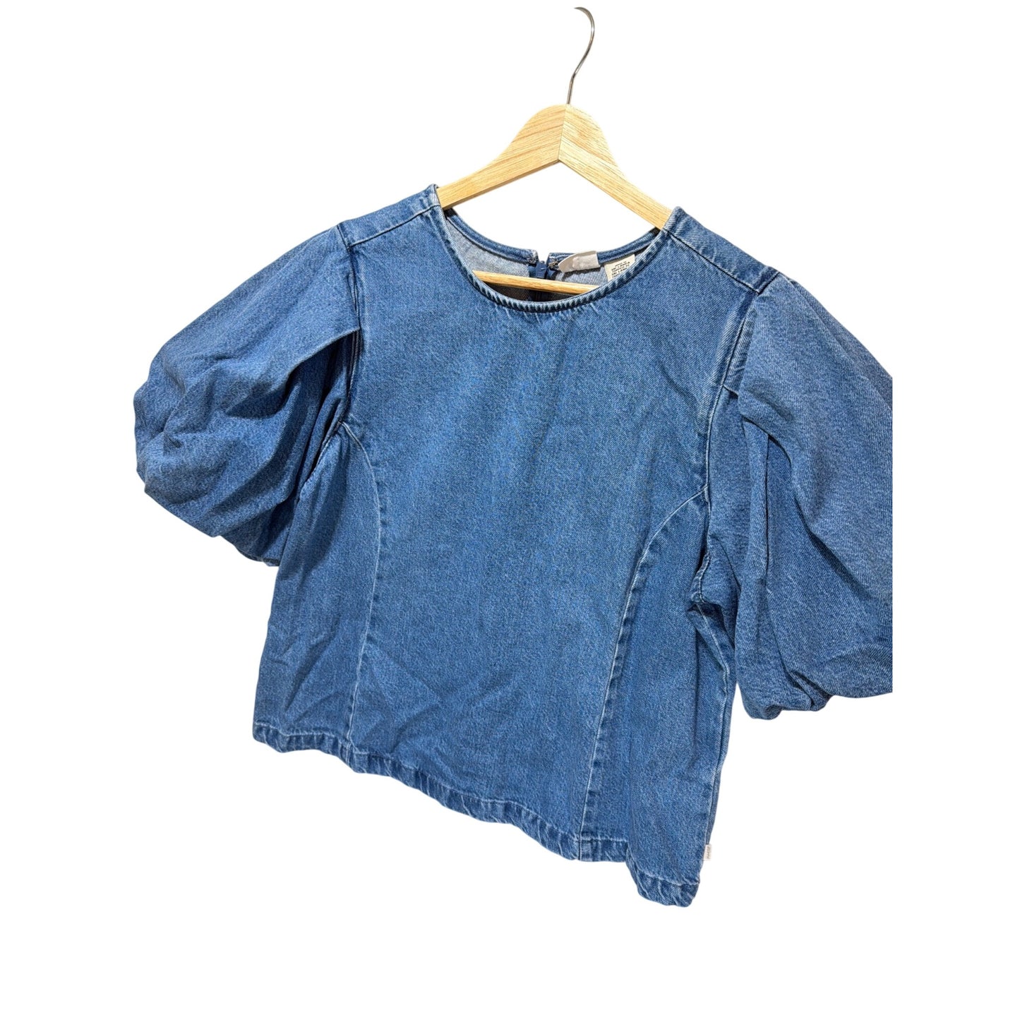 Levis Zaida Sculptural Blouse Denim Puff Sleeve Top Size L Light Blue 100% Cotton Zip Back Closure
