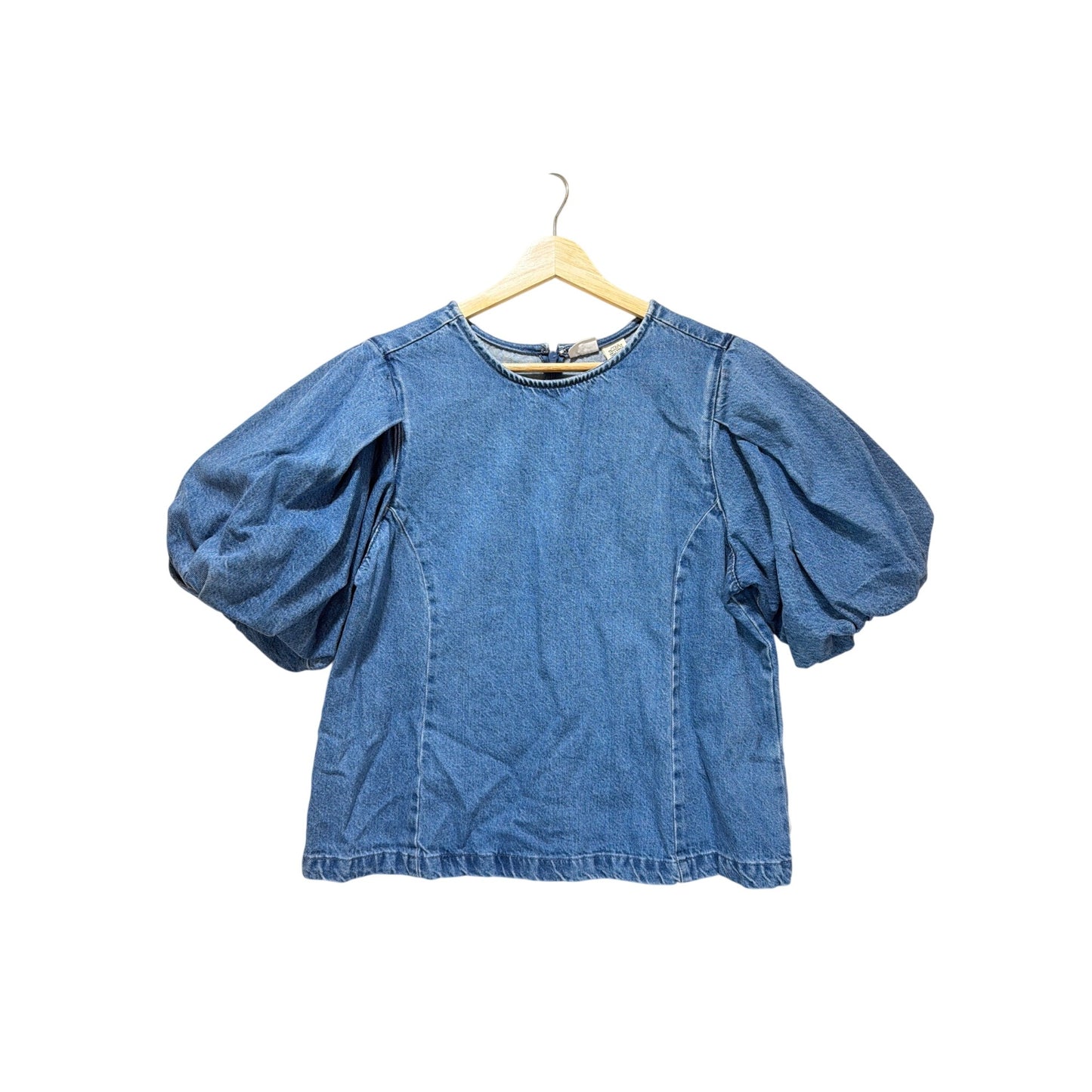 Levis Zaida Sculptural Blouse Denim Puff Sleeve Top Size L Light Blue 100% Cotton Zip Back Closure