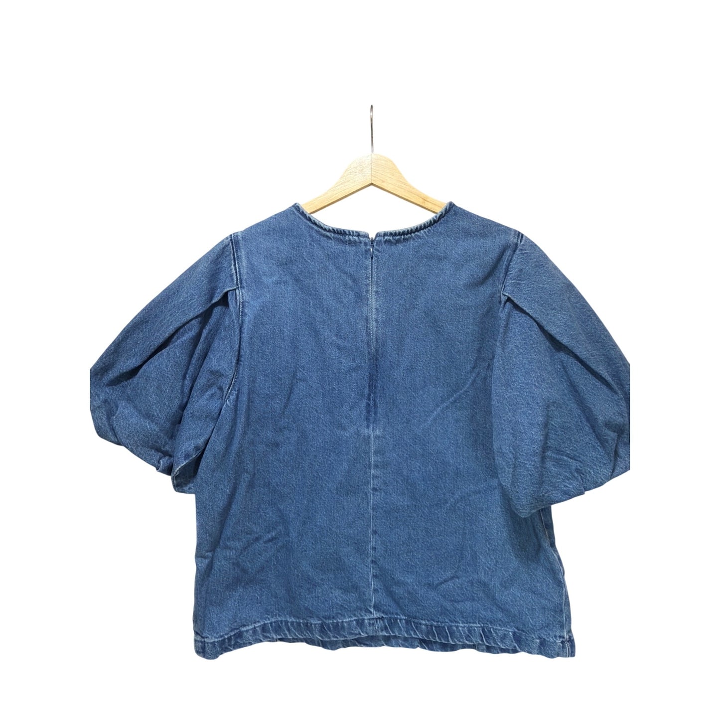 Levis Zaida Sculptural Blouse Denim Puff Sleeve Top Size L Light Blue 100% Cotton Zip Back Closure