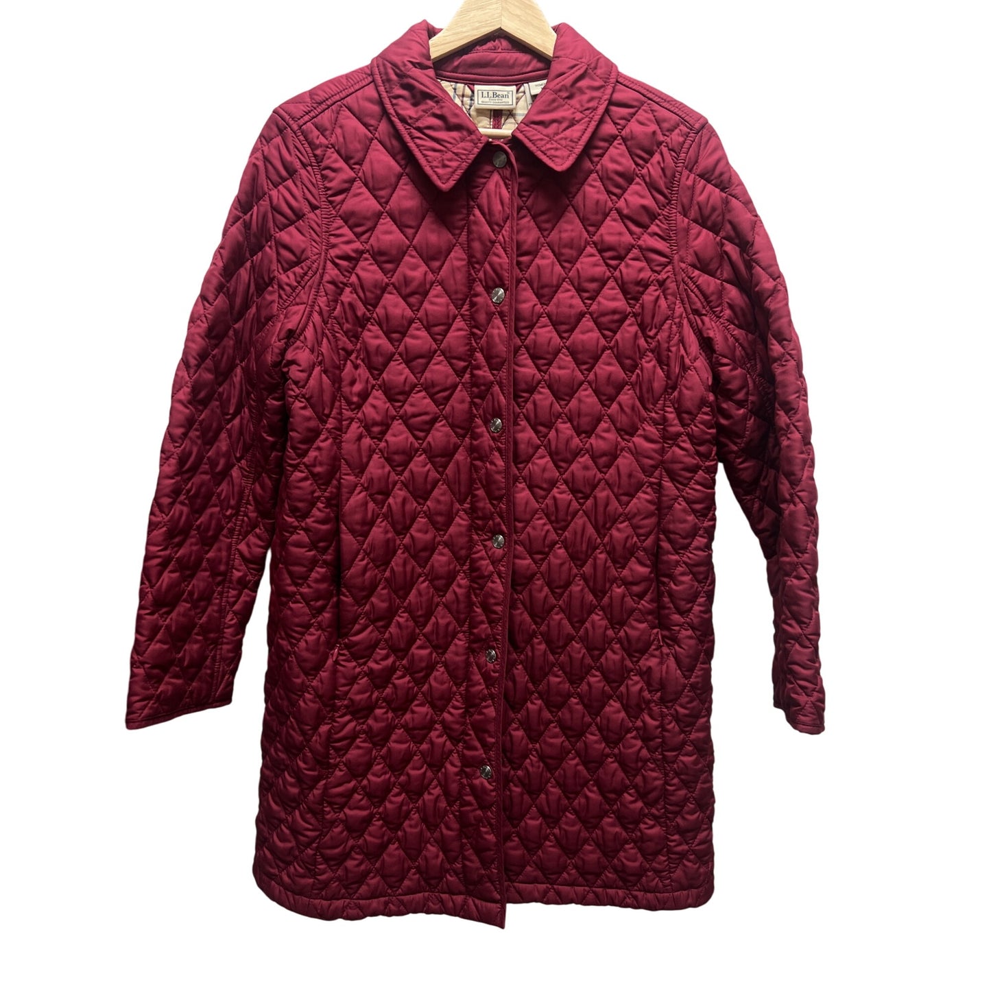 L.L. Bean Vintage 90's Long Red Burgandy Quilted Chore Coat with Plaid Lining