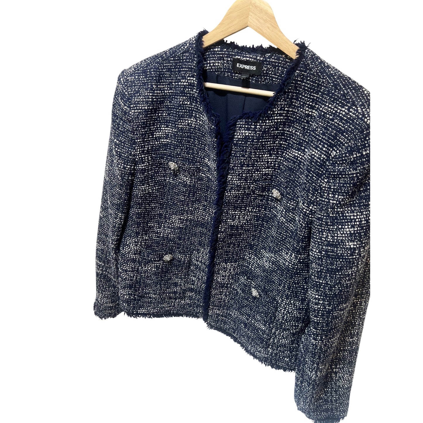 Express Navy & White Tweed Fringed Open-Front Blazer Womens Large