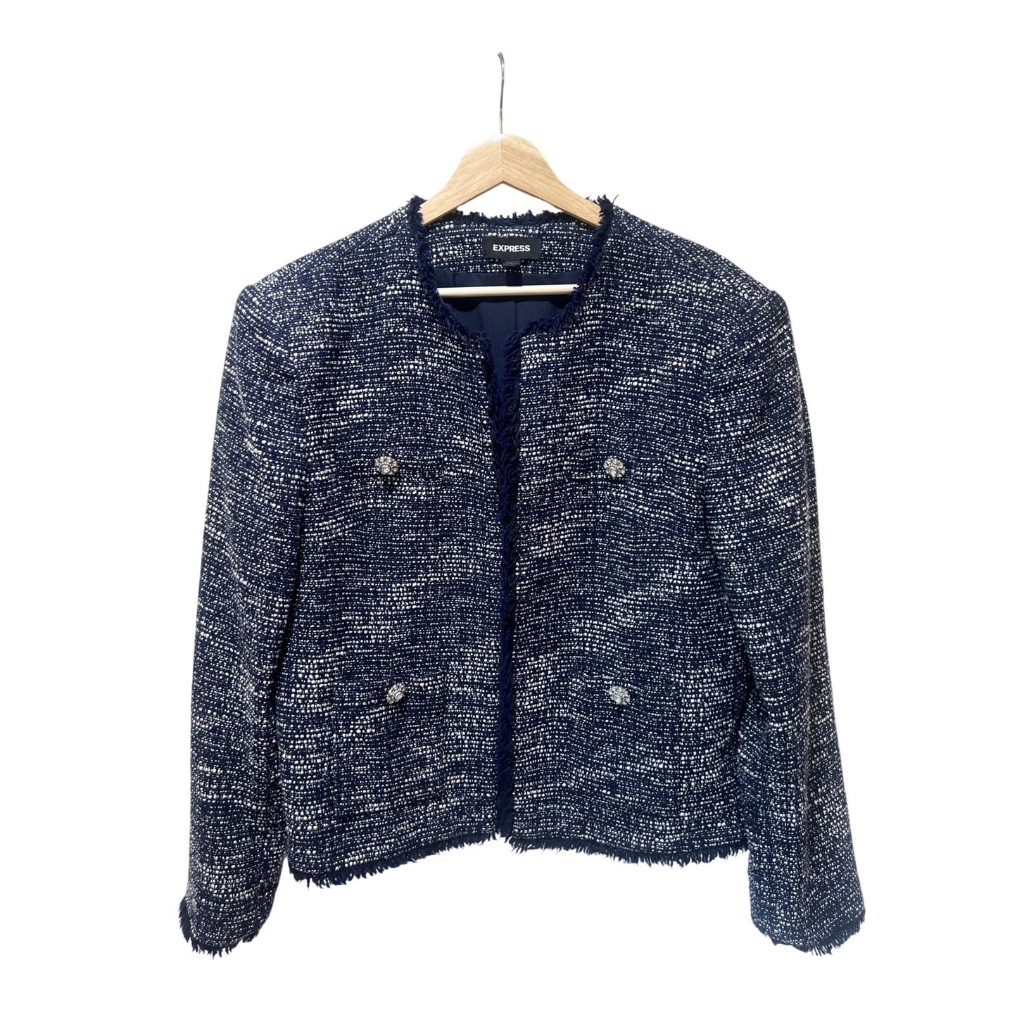 Express Navy & White Tweed Fringed Open-Front Blazer Womens Large