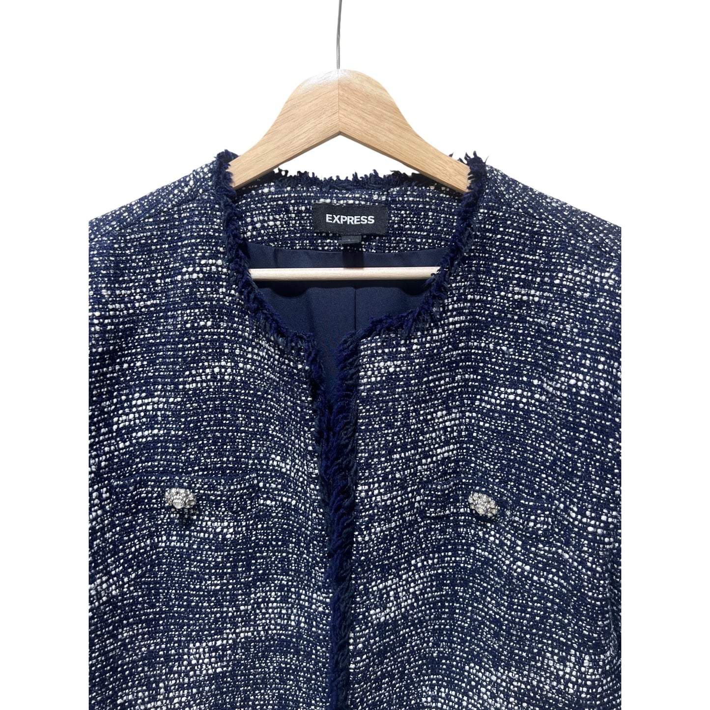 Express Navy & White Tweed Fringed Open-Front Blazer Womens Large