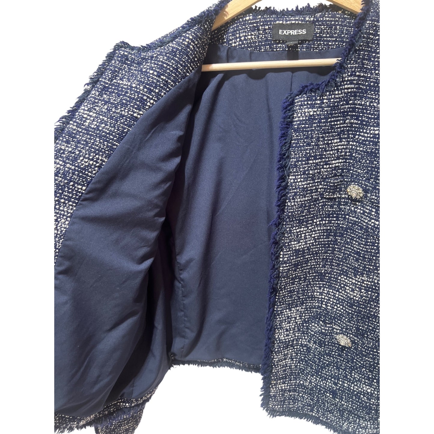 Express Navy & White Tweed Fringed Open-Front Blazer Womens Large