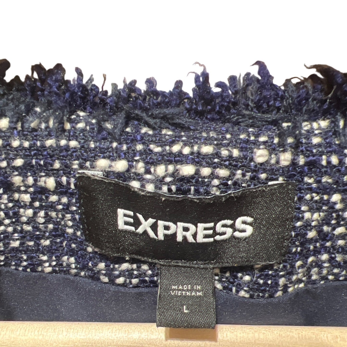 Express Navy & White Tweed Fringed Open-Front Blazer Womens Large