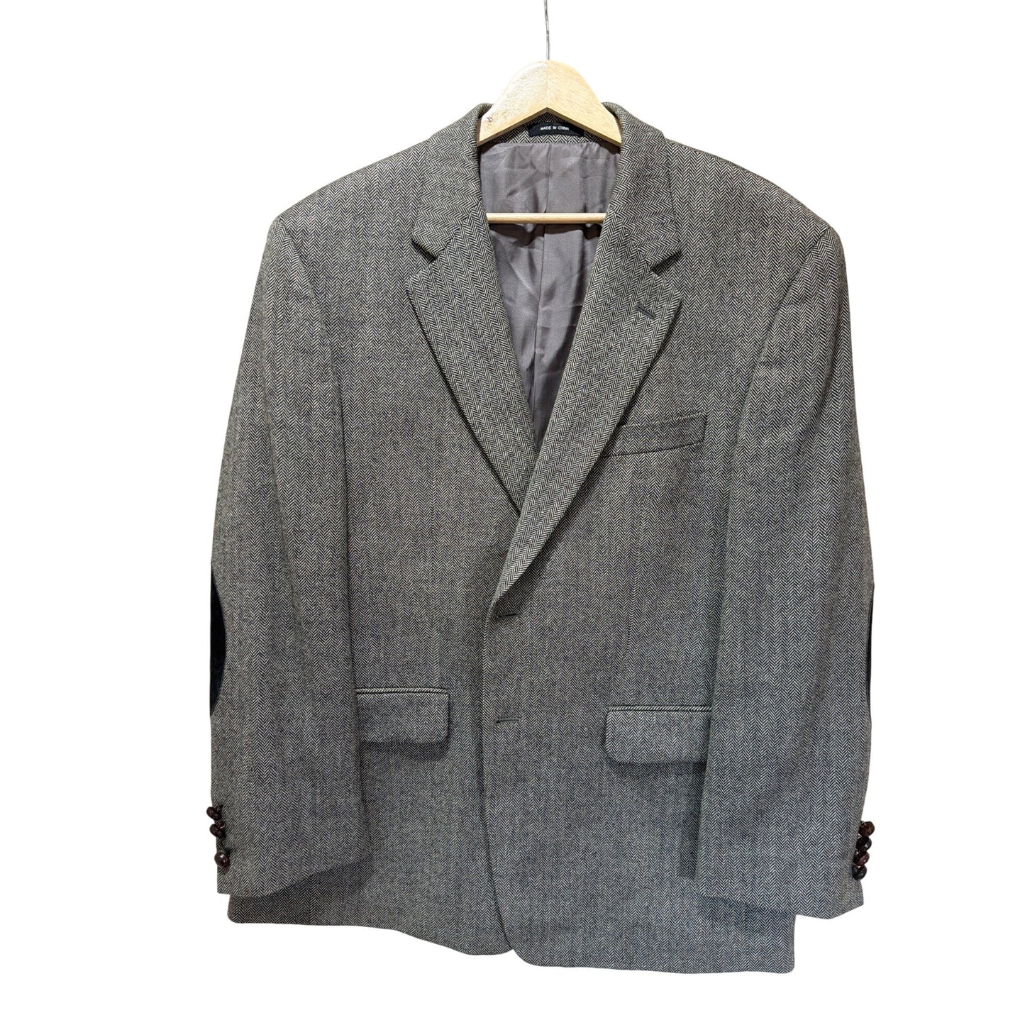 Lauren Ralph Lauren Vintage 90s Gray Herringbone Tweed Wool Blazer W/ Elbow Patches Mens Size 42S