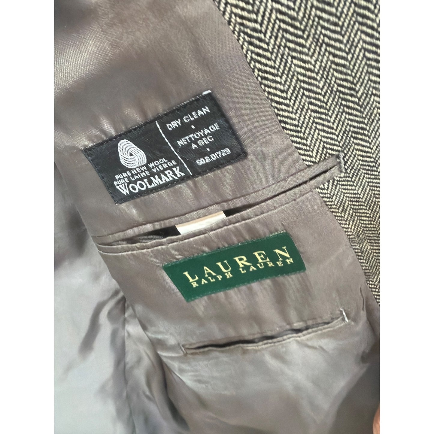 Lauren Ralph Lauren Vintage 90s Gray Herringbone Tweed Wool Blazer W/ Elbow Patches Mens Size 42S