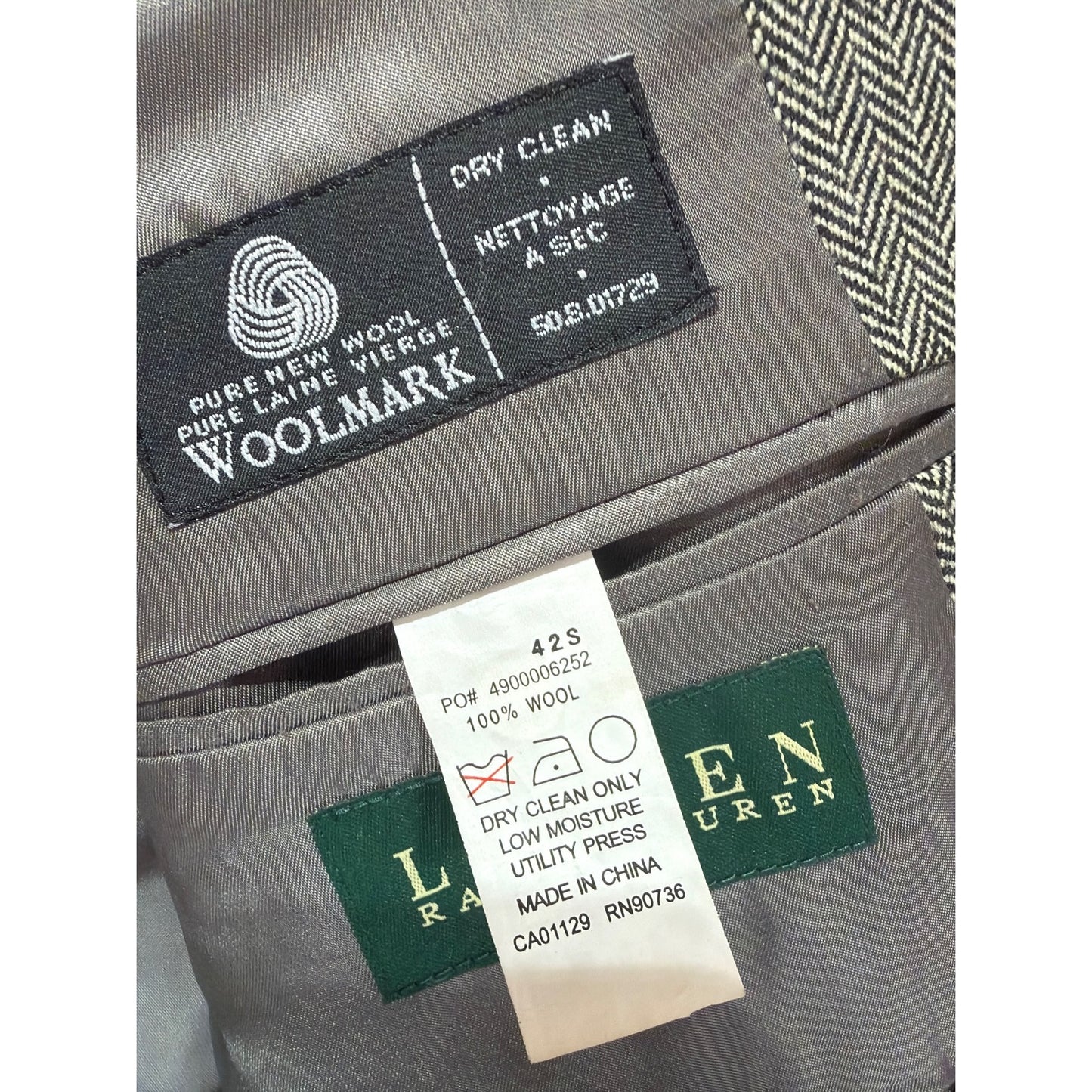 Lauren Ralph Lauren Vintage 90s Gray Herringbone Tweed Wool Blazer W/ Elbow Patches Mens Size 42S