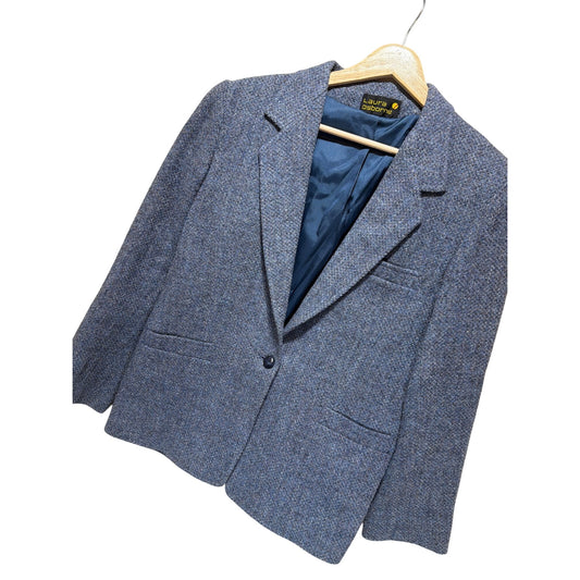 Laura Osborne Vintage 90s Womens Tweed Wool Blazer Blue Lined 1-Button Closure Made In USA