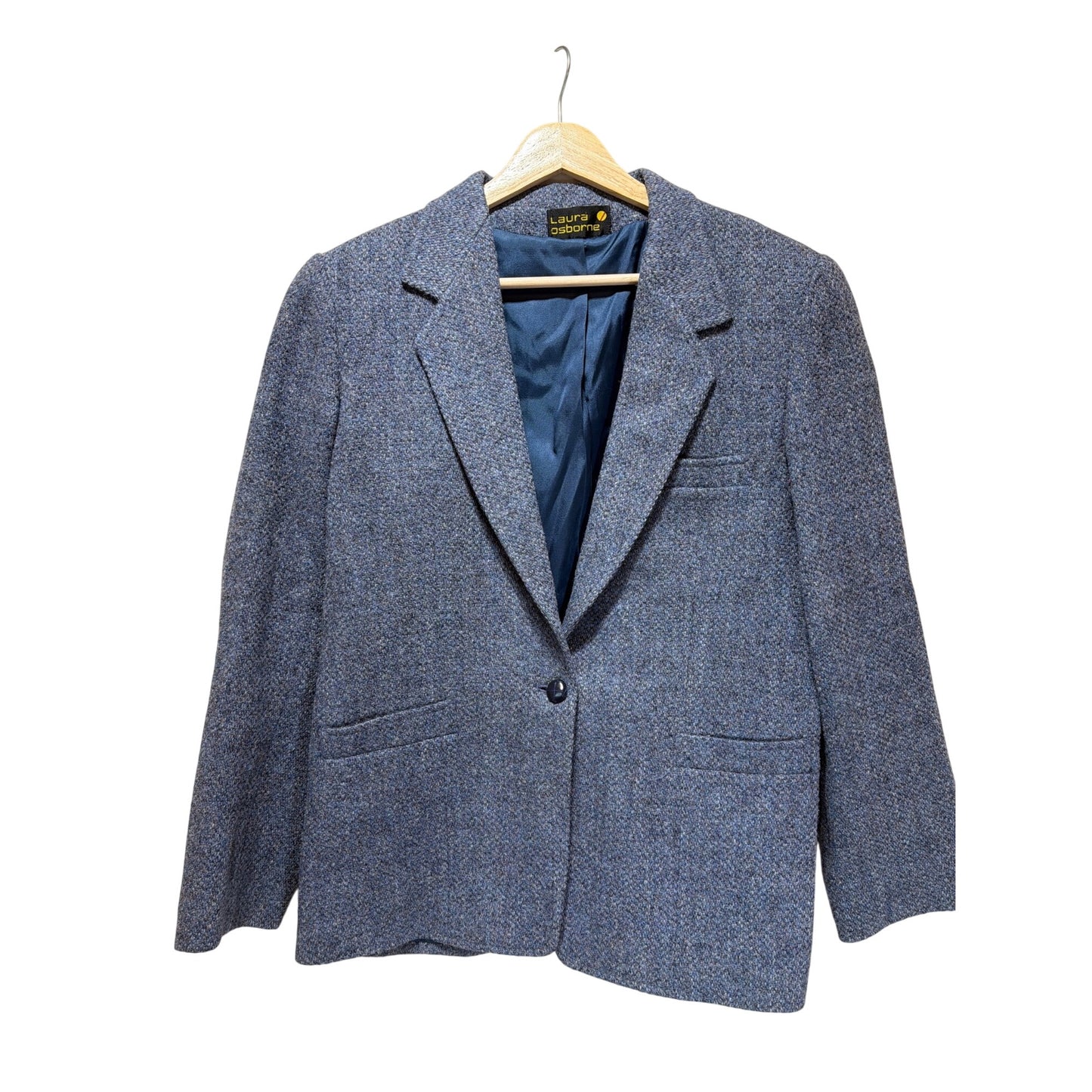 Laura Osborne Vintage 90s Womens Tweed Wool Blazer Blue Lined 1-Button Closure Made In USA