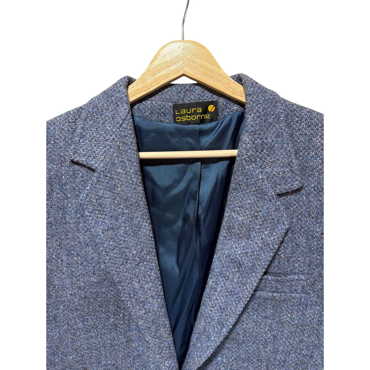 Laura Osborne Vintage 90s Womens Tweed Wool Blazer Blue Lined 1-Button Closure Made In USA