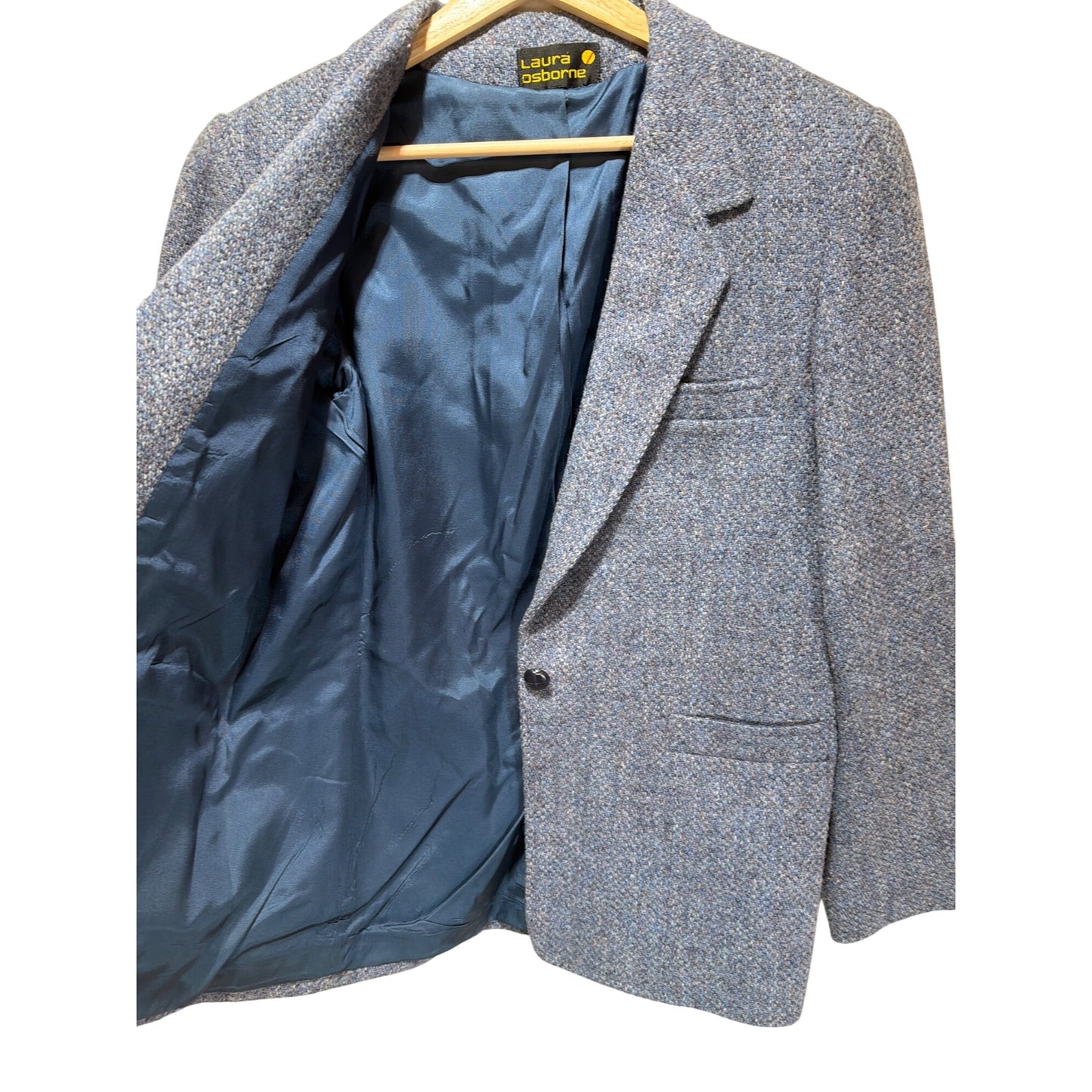 Laura Osborne Vintage 90s Womens Tweed Wool Blazer Blue Lined 1-Button Closure Made In USA