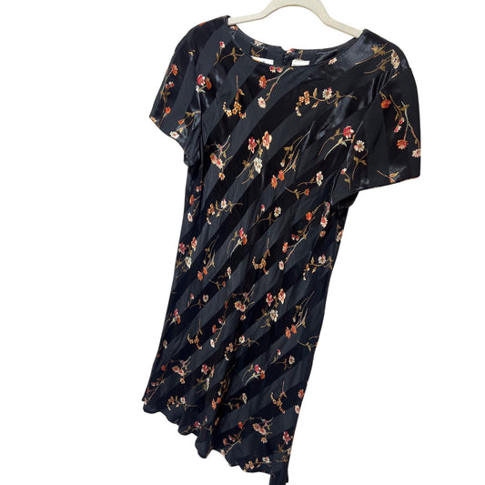 Liz Claiborne Black Floral Satin Stripe Short Sleeve Vintage Y2K Dress Size 10 Back Button Detail