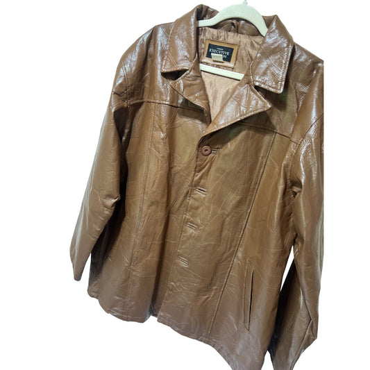 Haband Executive Division Vintage 80's Brown Leather Car Coat W/ Patchwork Pattern & Button Closure XL