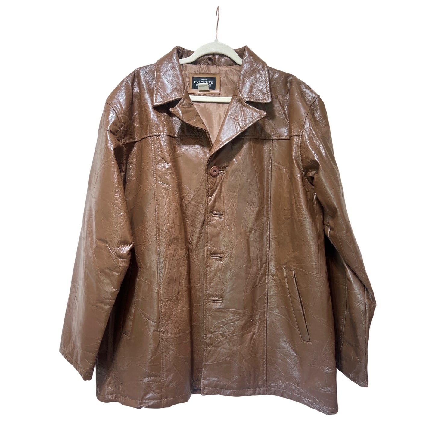 Haband Executive Division Vintage 80's Brown Leather Car Coat W/ Patchwork Pattern & Button Closure XL