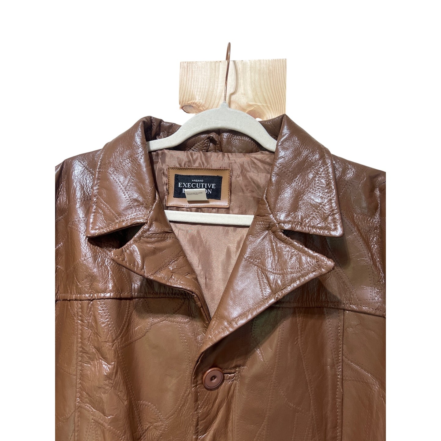 Haband Executive Division Vintage 80's Brown Leather Car Coat W/ Patchwork Pattern & Button Closure XL