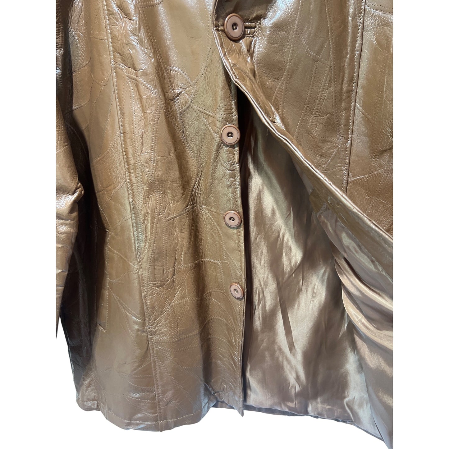 Haband Executive Division Vintage 80's Brown Leather Car Coat W/ Patchwork Pattern & Button Closure XL