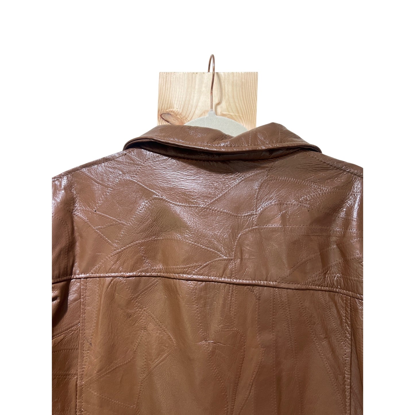 Haband Executive Division Vintage 80's Brown Leather Car Coat W/ Patchwork Pattern & Button Closure XL