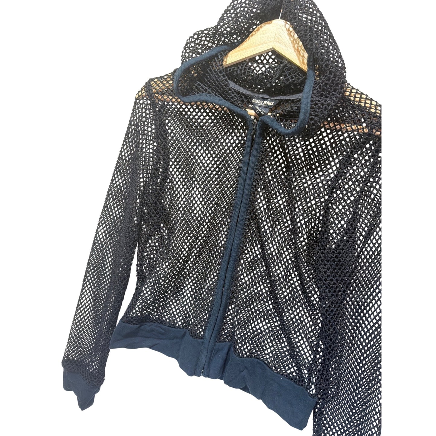 Guess Jeans Vintage 90s Black Mesh Zippered Hoodie Heavy Fishnet Large Made In USA