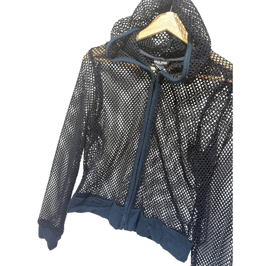 Guess Jeans Vintage 90s Black Mesh Zippered Hoodie Heavy Fishnet Large Made In USA