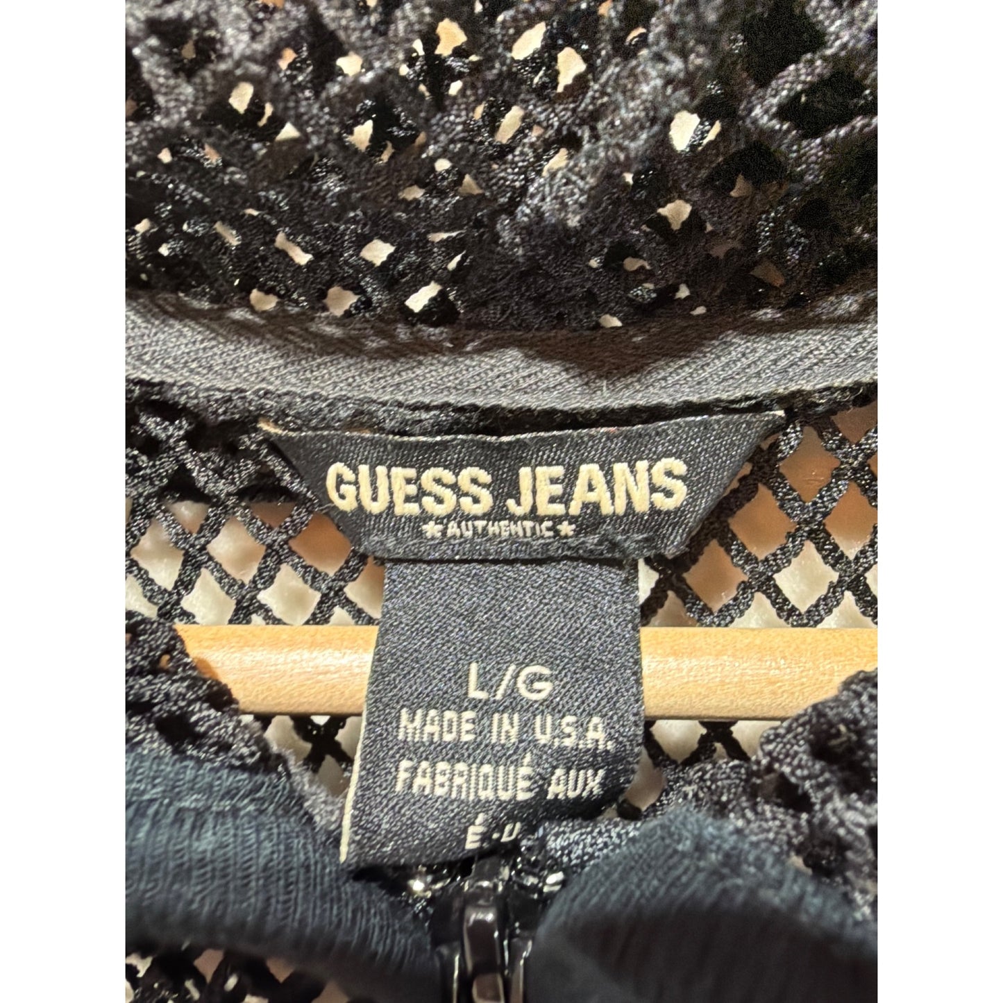 Guess Jeans Vintage 90s Black Mesh Zippered Hoodie Heavy Fishnet Large Made In USA