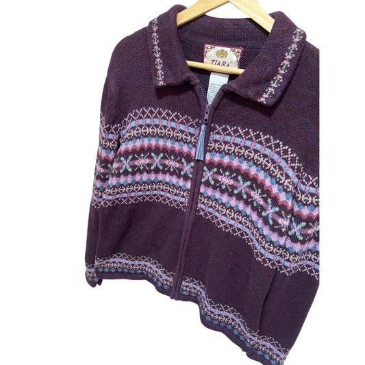 Vintage Tiara Fair Isle Knit Sweater Purple Zip Front Medium Ramie Cotton Cottagecore 90s Aesthetic